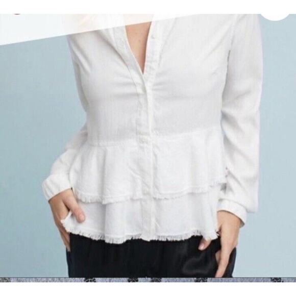 Cloth & Stone Anthropologie Sz XS Tiered Peplum Blouse Frayed 100% Tencel White - Picture 2 of 12